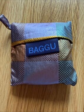NWOT Baby BAGGU Madras Metallic Tote Bag, Gold Purple Check Reusable Shopping